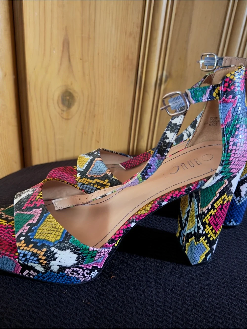 Size 10 Colorful Snake-Print Block Platform Size Heel Sandals - Women